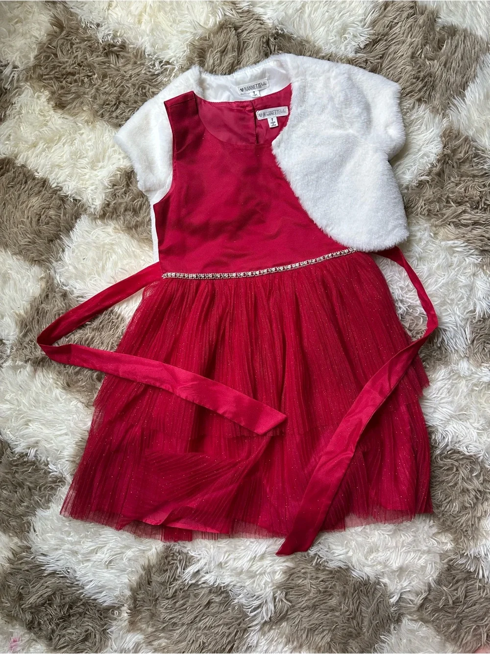 Red Tulle Party Dress with White Faux Fur Bolero - Kids